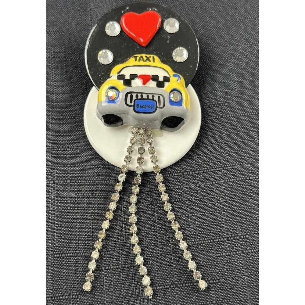 Vintage NYC Yellow Taxi Cab Brooch Lunch at Ritz Style Pop Art Rhinestone Dangle